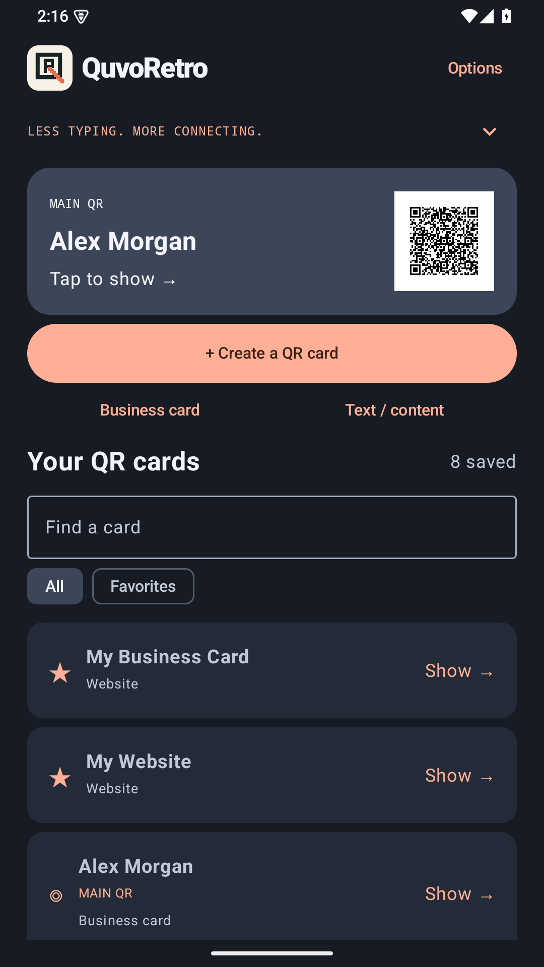 QuvoRetro's Android home screen with Main QR, Create a QR card, and the saved-card library.